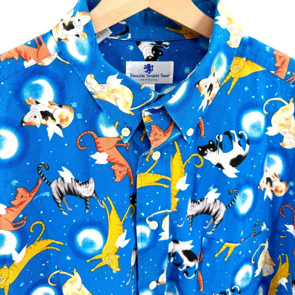 English Sports Shop Blue 100% Cotton Cat Novelty Print Shirt - Picture 2 of 7